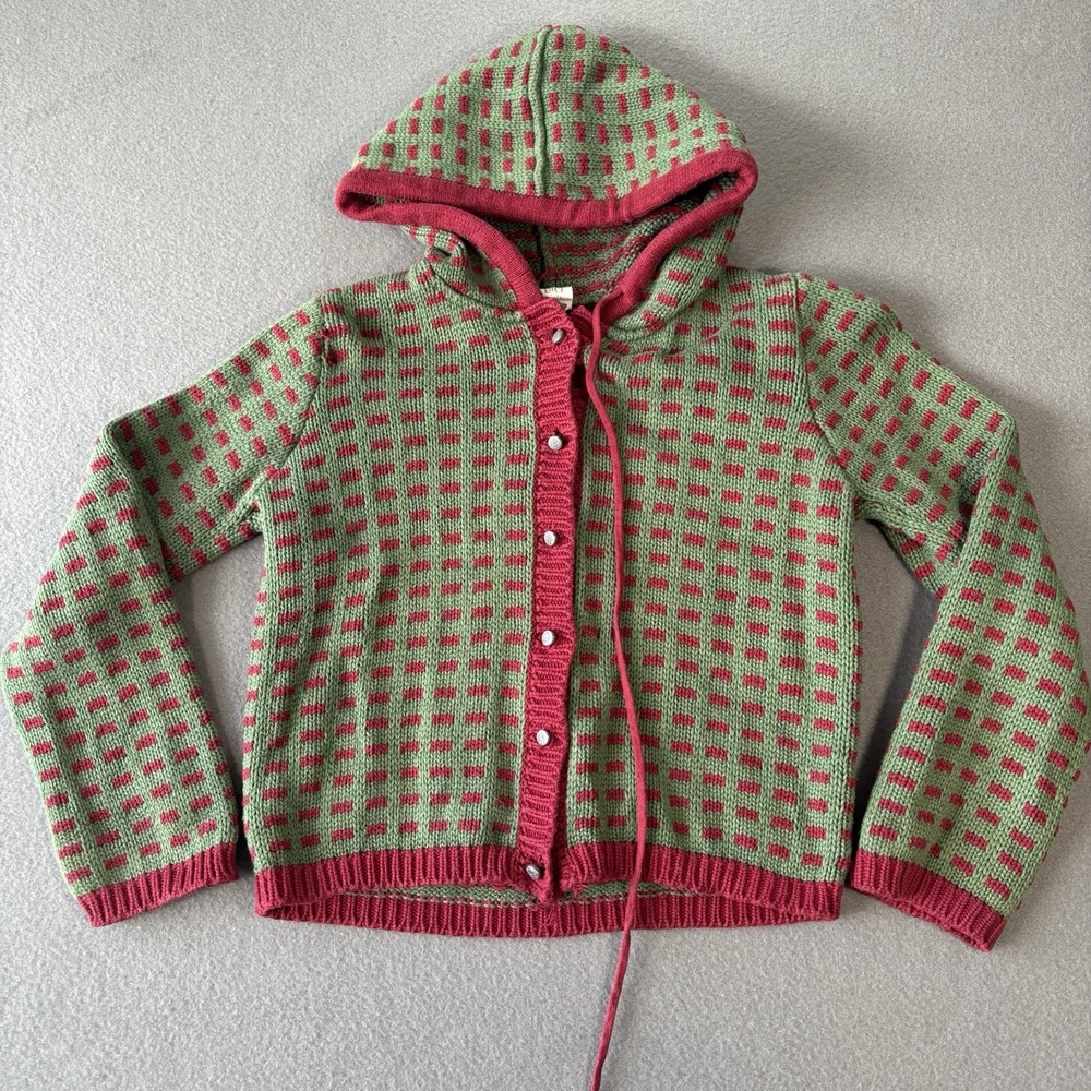 April Cornell Girls 7/8‎ Hooded Knit Cardigan Sweater Red Green Cottagecore Boho